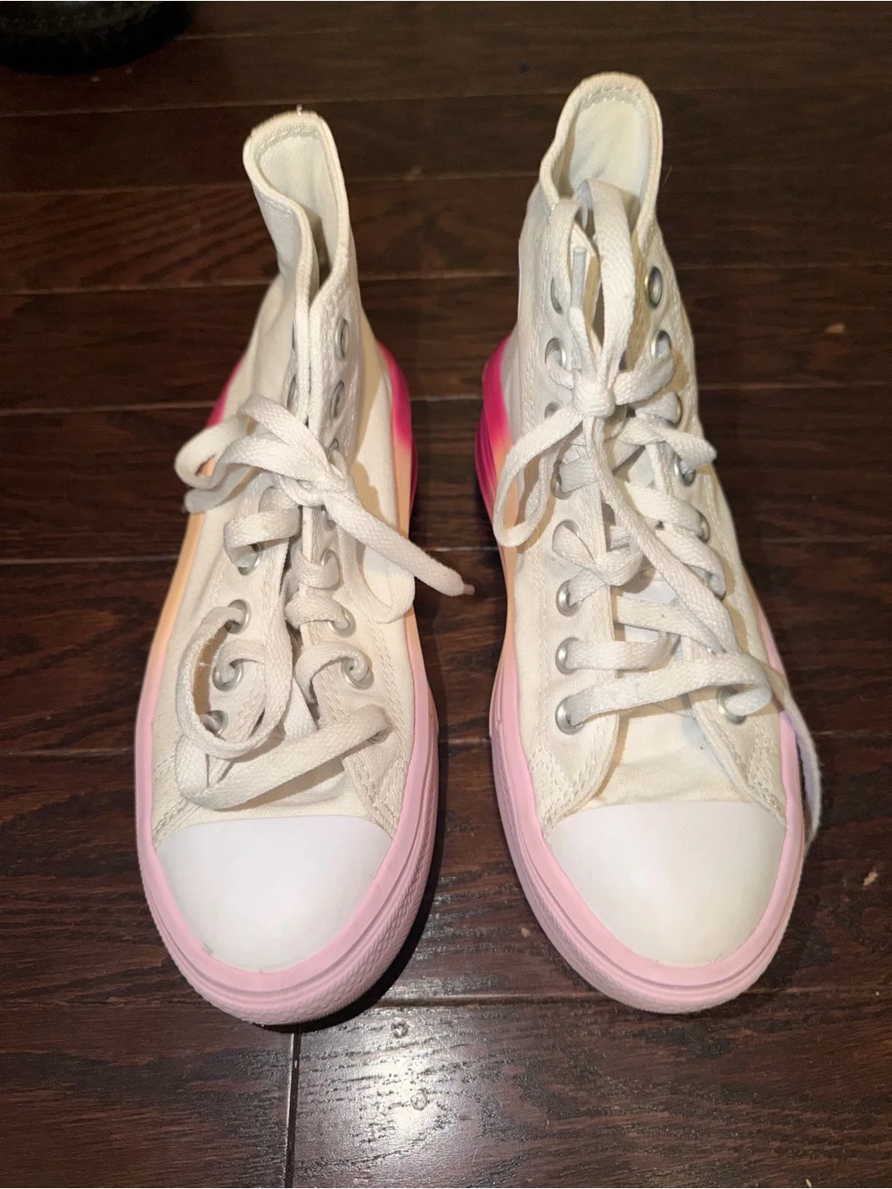 Girls Converse High Top Platform Sneakers in White with Pink and Orange Sole